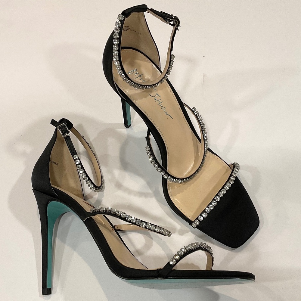 BETSEY JOHNSON ELISA Black Satin With Rhinestones Ankle Strap Heels Size 8.5